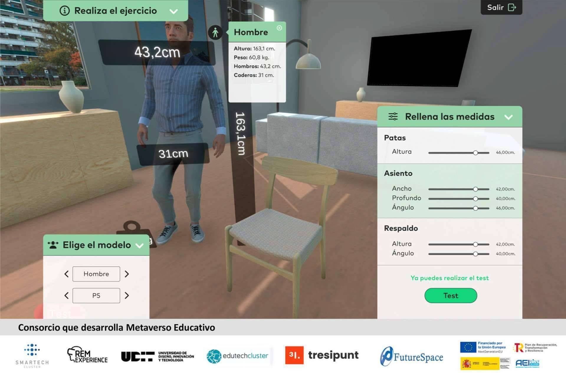 La imagen muestra a un hombre interactuando con un ejercicio de medición en un entorno virtual.