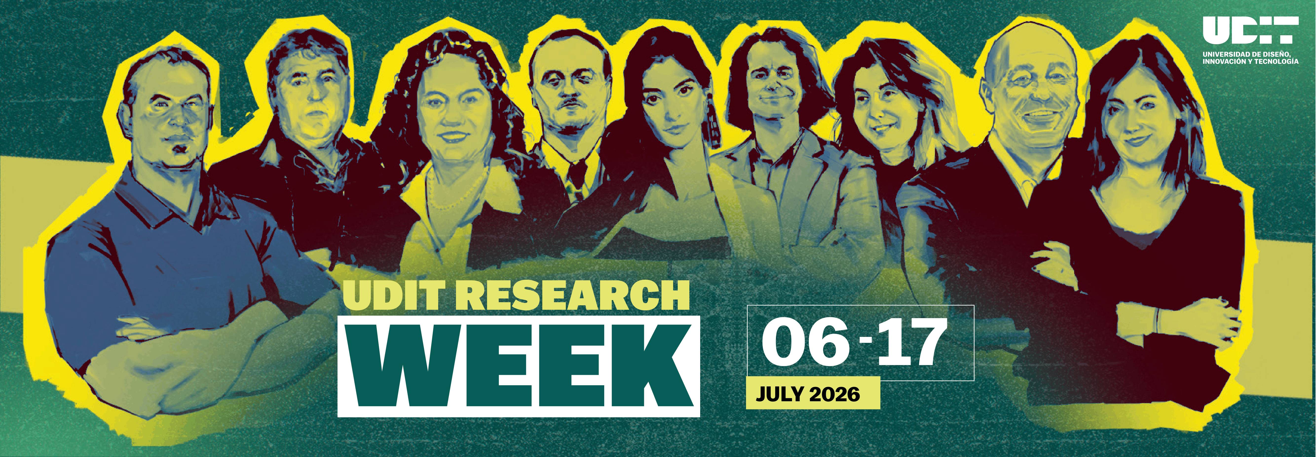La imagen promociona la semana de investigación UDIT que se llevará a cabo del 06 al 17 de julio de 2026.