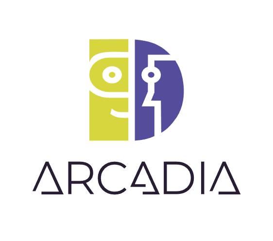 Logotipo de Arcadia que presenta un diseño moderno y colorido con formas abstractas que sugieren rostros.