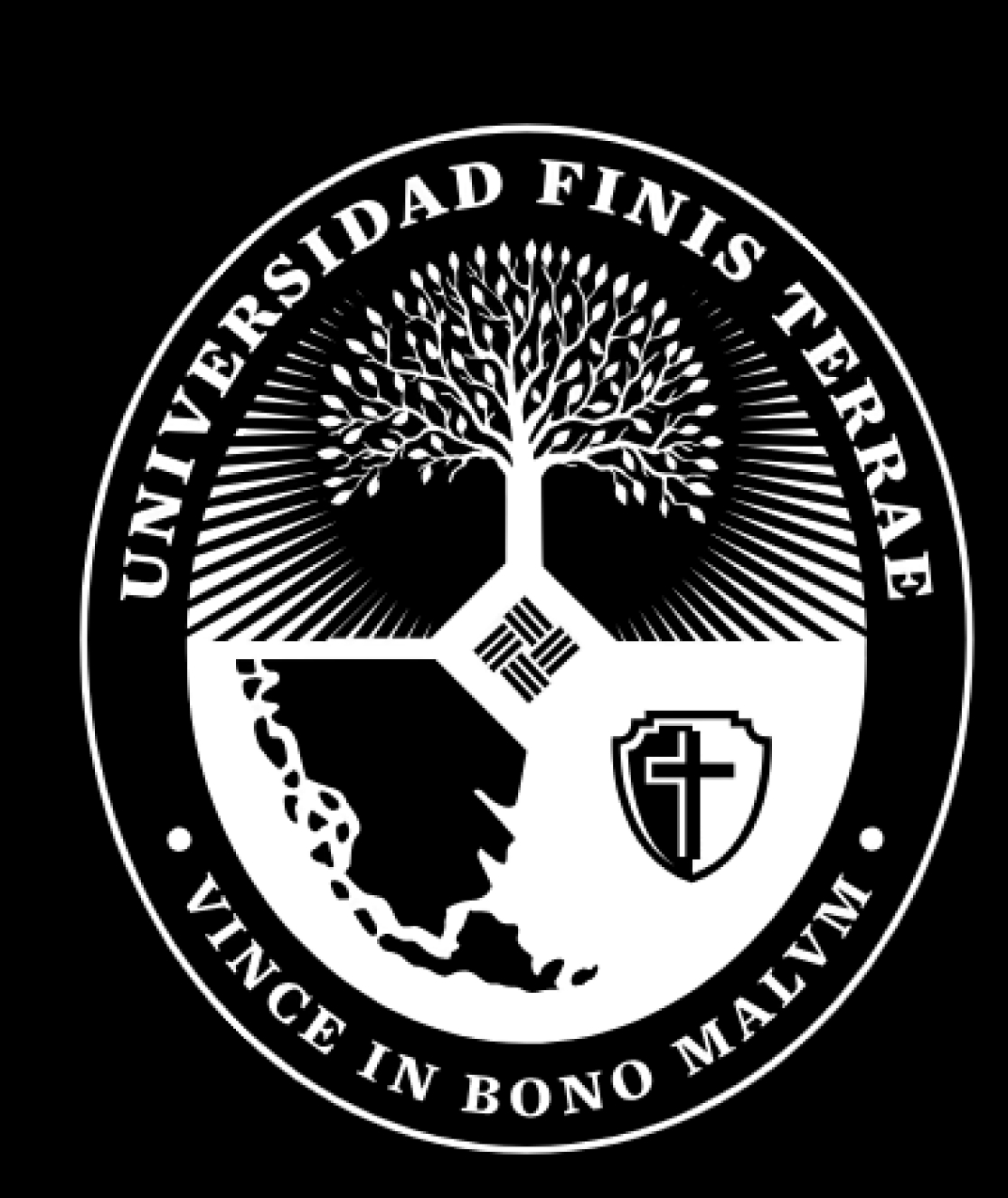 Logo de la Universidad Finis Terrae que incluye un árbol y símbolos representativos.