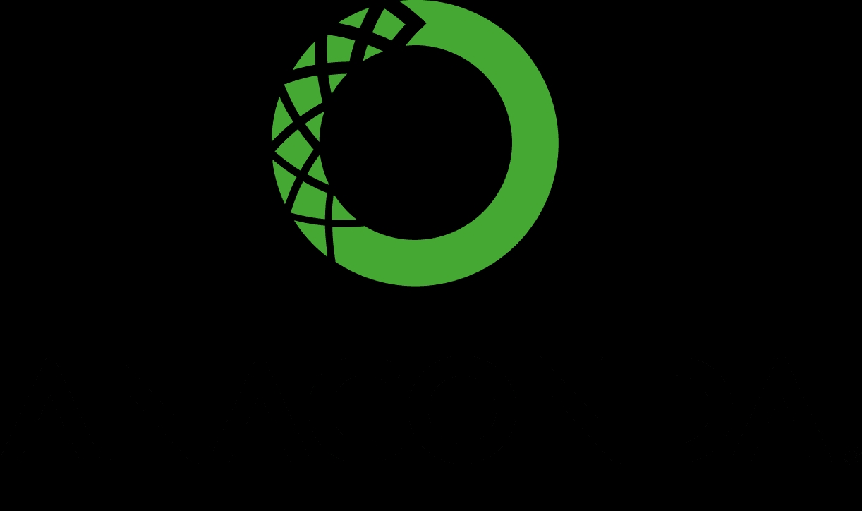 La imagen muestra un logotipo en colores verde y negro con un diseño circular y un patrón entrelazado.