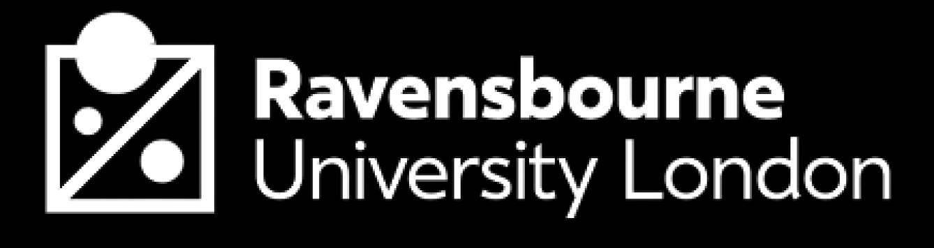 Logotipo de Ravensbourne University London sobre fondo negro.