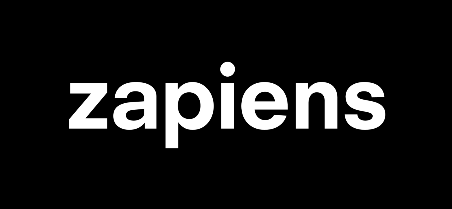 Un logotipo en color blanco con la palabra 'zapiens' sobre un fondo negro.