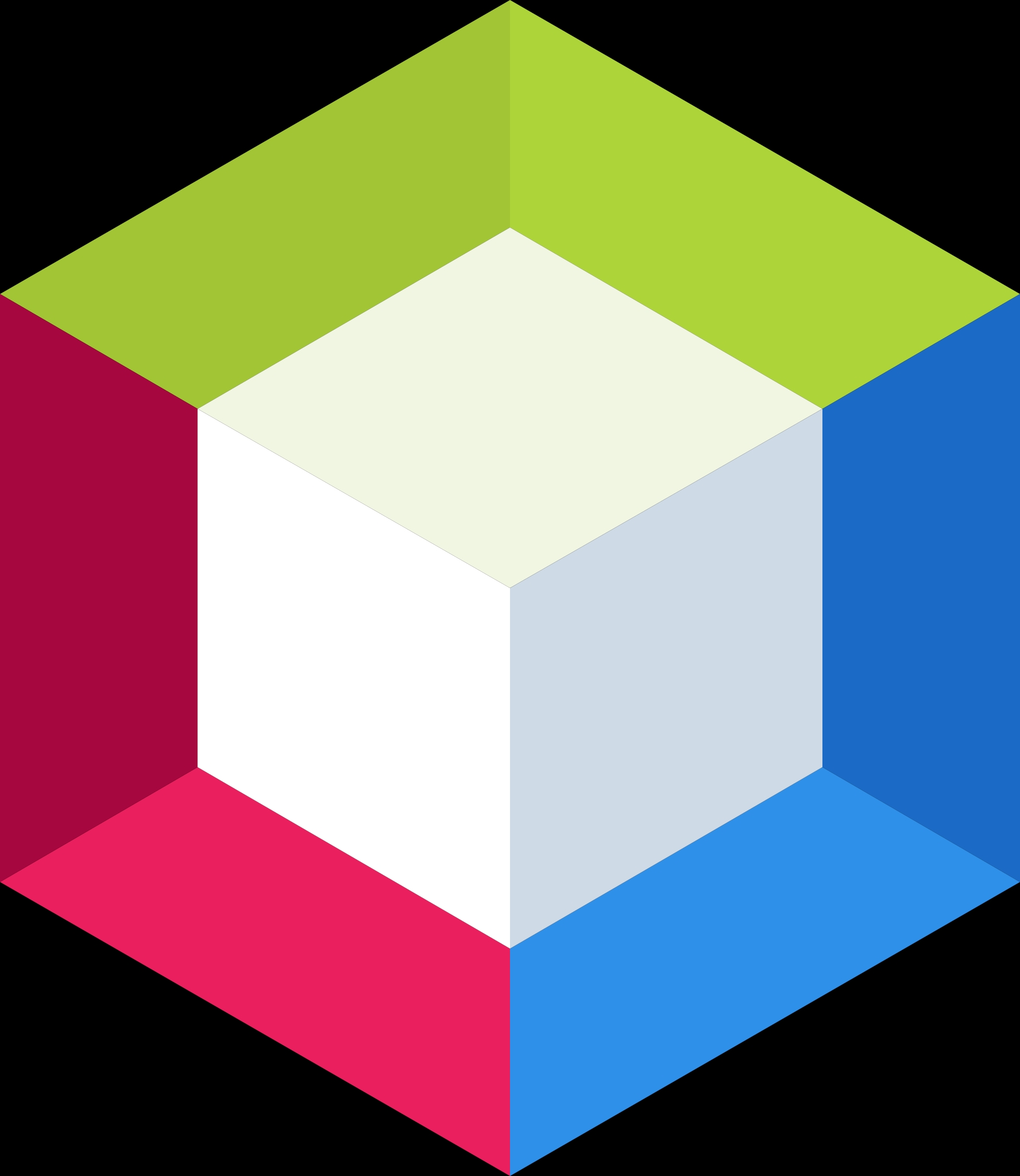 Una figura geométrica tridimensional con un cubo blanco centrado rodeado de cuatro colores vibrantes.