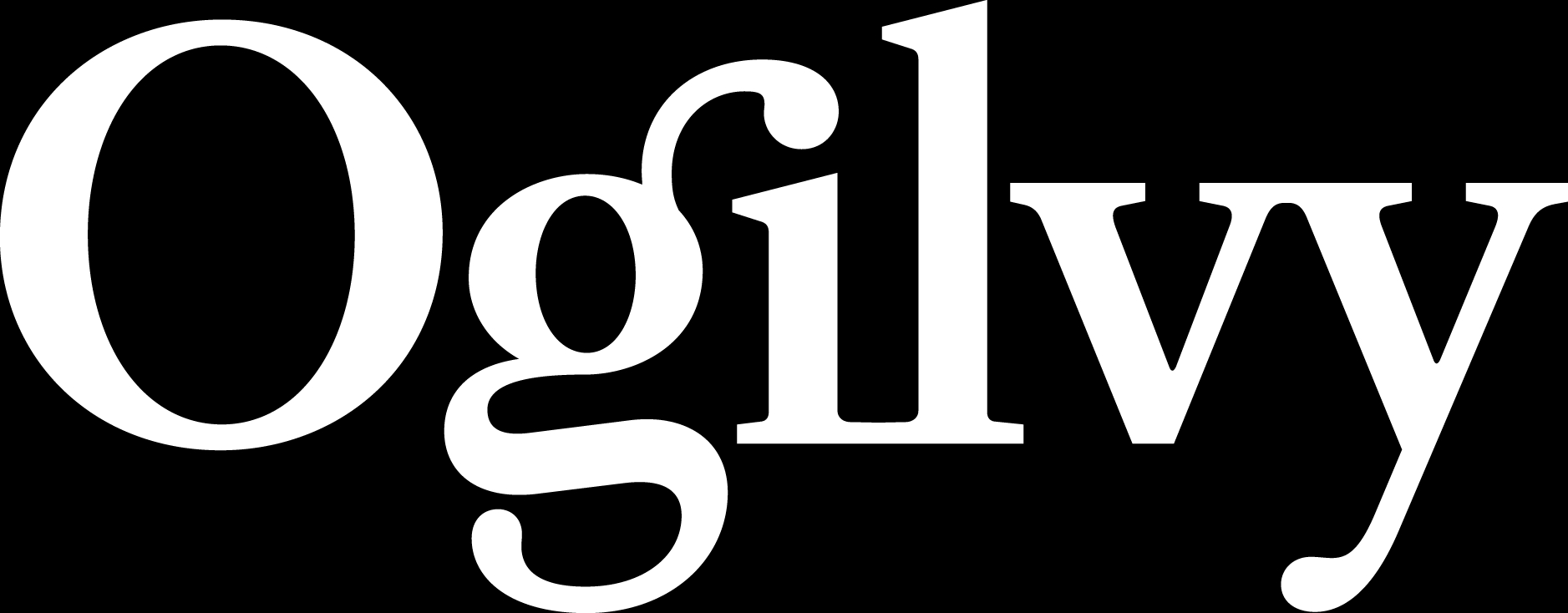 Logotipo de la agencia de publicidad Ogilvy en color blanco sobre fondo negro.