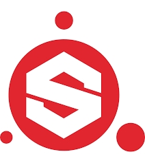 Logo moderno con elementos redondos y formas geométricas.