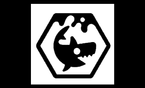 Un logo que representa un tiburón dentro de un hexágono con un diseño estilizado.