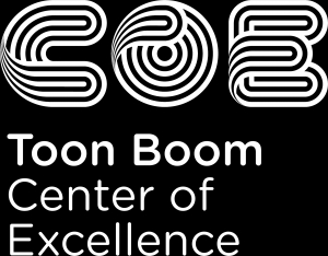 Logo del Toon Boom Center of Excellence con un diseño moderno en blanco sobre fondo negro.