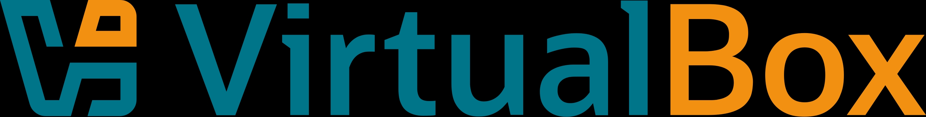 Logotipo de VirtualBox con un diseño moderno en azul y naranja.