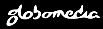 Logo de la empresa Globomedia en color blanco sobre fondo negro.