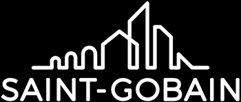 Logotipo de la empresa Saint-Gobain con un diseño minimalista de edificios.