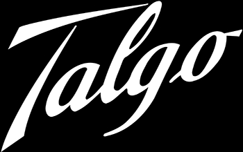 Logotipo de la marca Talgo en color blanco sobre fondo negro.