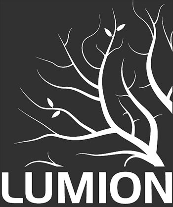 El logotipo de Lumion muestra una silueta blanca de ramas con hojas sobre un fondo oscuro.