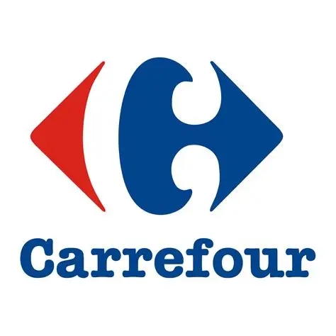 Logotipo de Carrefour con colores rojo y azul.
