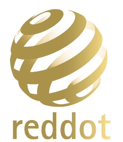 Logotipo del premio Red Dot en color dorado con forma de esfera.