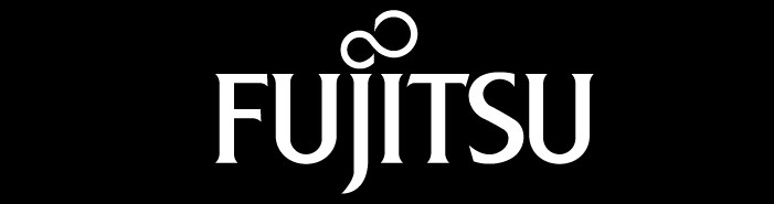 Logotipo de la empresa Fujitsu sobre un fondo negro.