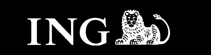Logotipo de la empresa ING con un fondo negro y un león.