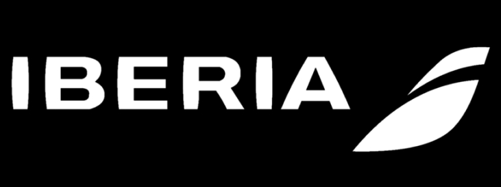 Logotipo de la aerolínea Iberia sobre fondo negro.