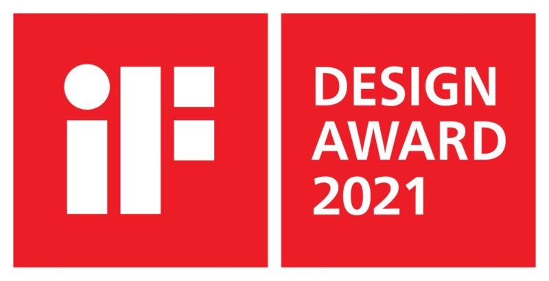 Logo del premio IF Design Award 2021 en un fondo rojo.