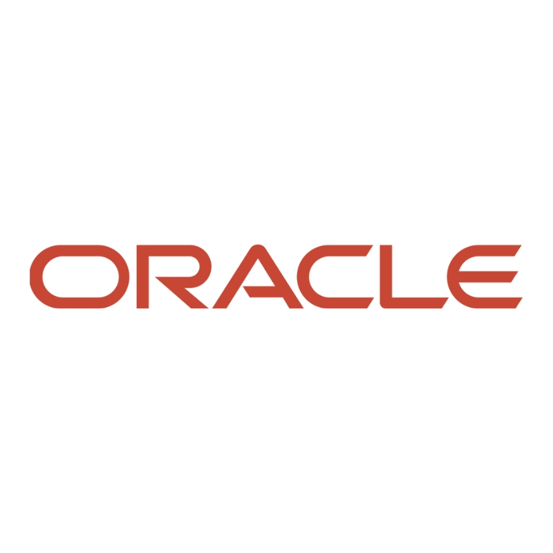 El logo de la empresa Oracle en color rojo.