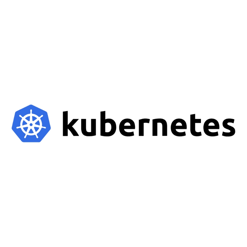 Logo de Kubernetes que muestra su icono y nombre.