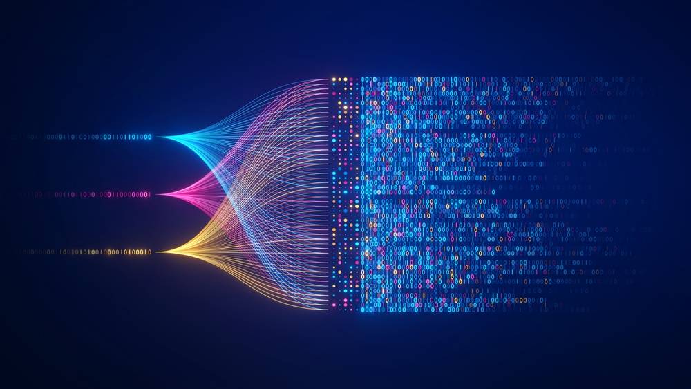 La imagen muestra un flujo de datos representado por colores brillantes que se convierten en una serie de números en un fondo oscuro.