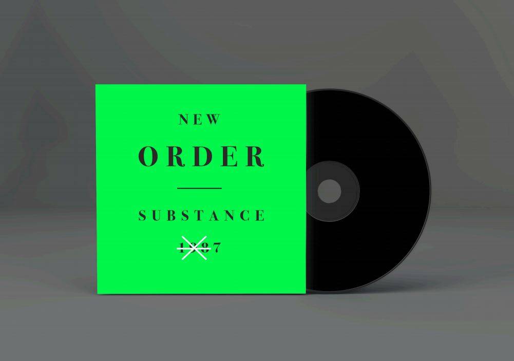 La imagen muestra la portada de un disco titulado 'Substance' de la banda New Order, con un diseño minimalista en fondo verde brillante y letras en negro.