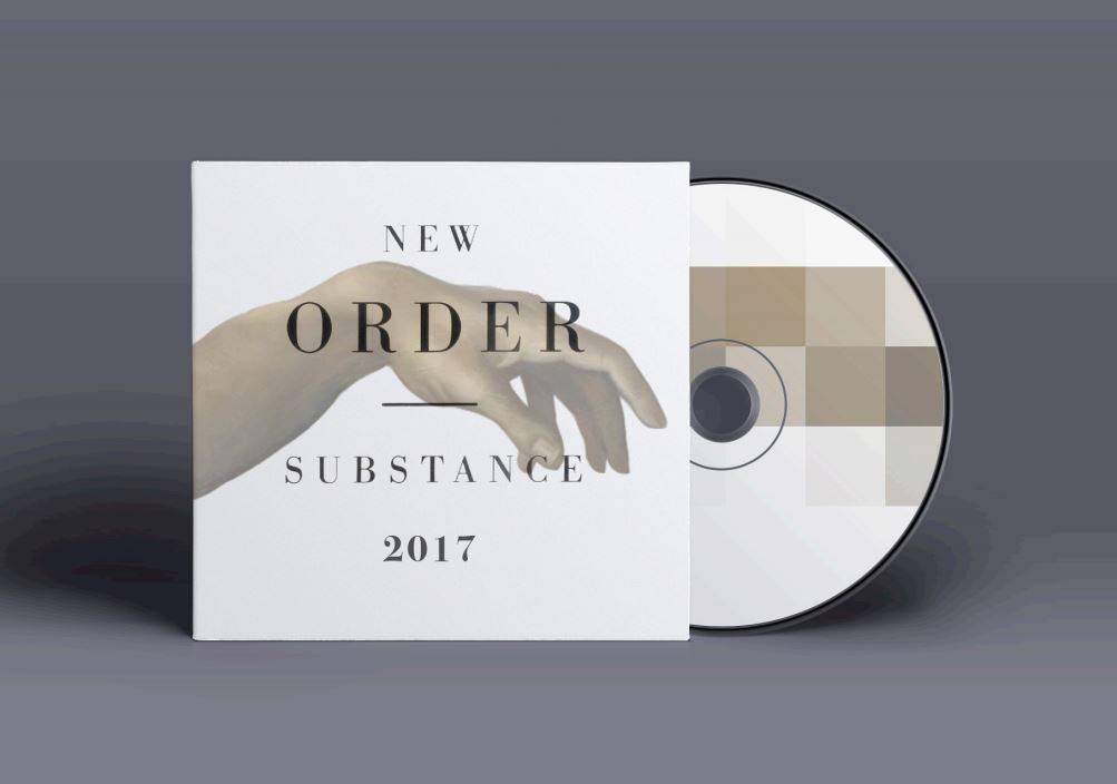 Una portada de álbum de la banda New Order con un diseño minimalista y un disco compacto al lado.