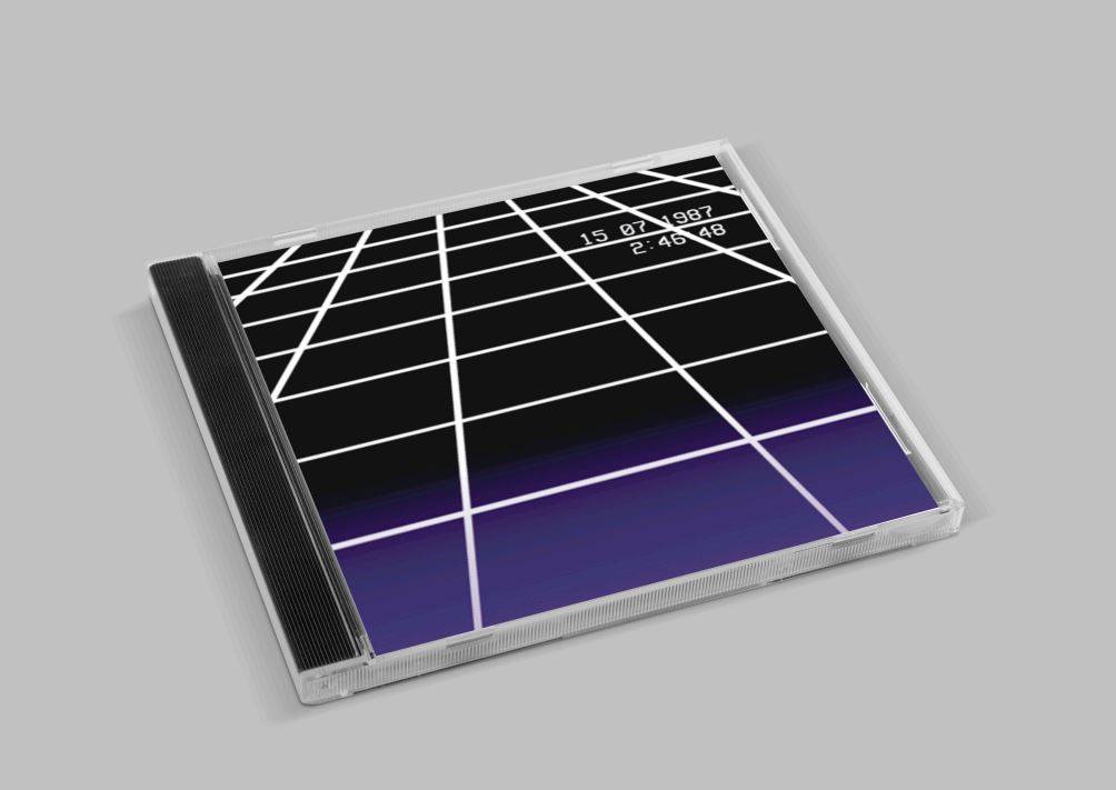 Un CD con un diseño abstracto en blanco y negro, mostrando una cuadrícula sobre un fondo morado.