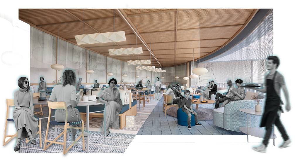 Una representación de un restaurante moderno con varias personas sentadas y un camarero sirviendo.