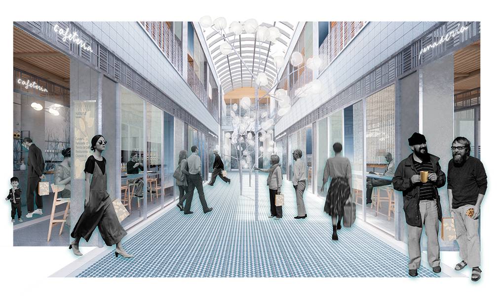 Una imagen que representa un moderno pasillo comercial con personas caminando y tiendas a ambos lados.