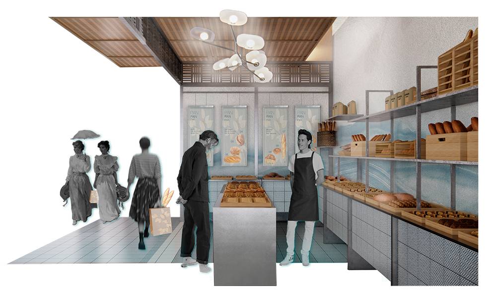 Una panadería moderna con clientes y empleados en un ambiente estilizado.