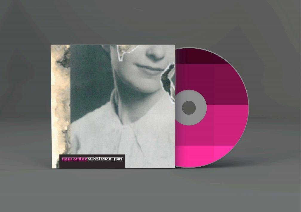 La imagen muestra un disco de música acompañado de su carátula con un diseño abstracto y un retrato difuminado.