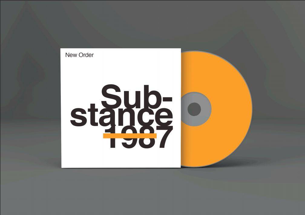 La imagen muestra una portada del álbum 'Substance' de New Order, lanzado en 1987, junto a un disco de color naranja.