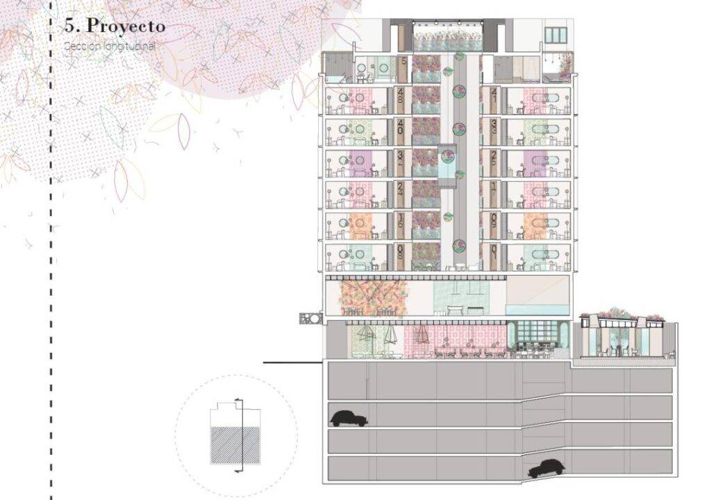 Plano arquitectónico de un edificio con distribución de espacios interiores y áreas recreativas.