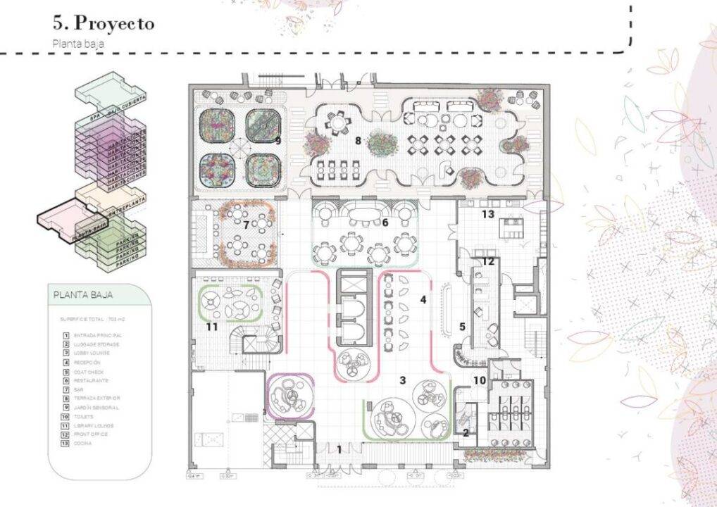 Planta baja de un proyecto arquitectónico con diferentes espacios de uso y distribución.