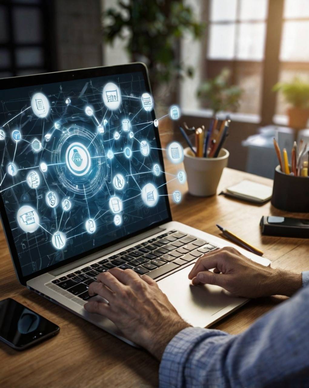 Una persona está usando un ordenador portátil con una interfaz digital que muestra múltiples conectividades y datos.