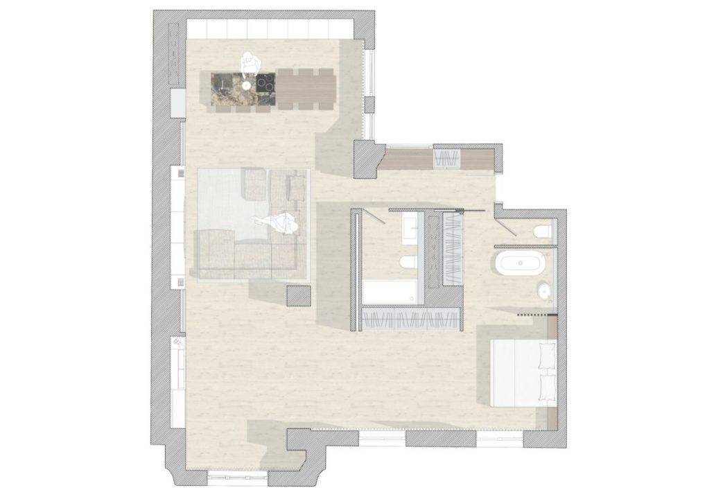 Este es un plano de un apartamento que muestra la distribución de las habitaciones y áreas comunes.