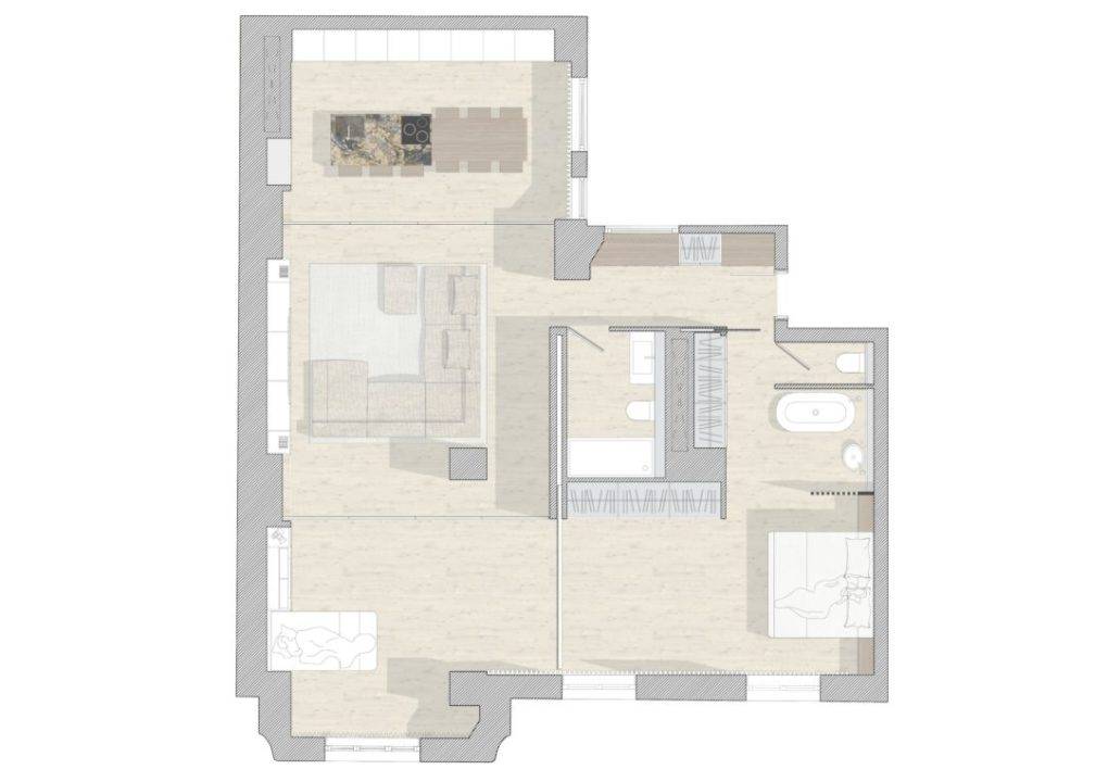 Plano arquitectónico de un apartamento moderno con distribución de espacios.