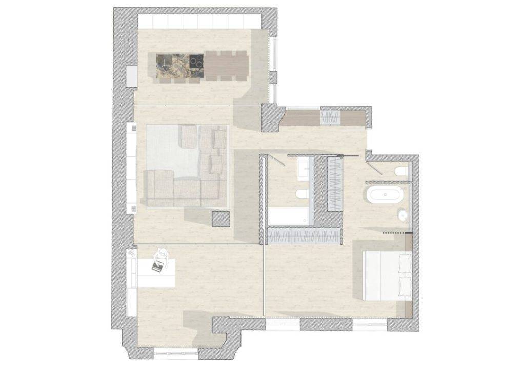 Plano de distribución de un apartamento moderno.