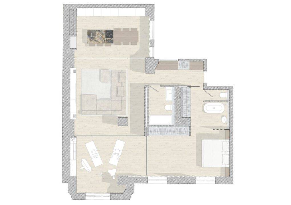 Planimetría de un apartamento moderno con espacios abiertos y áreas definidas.
