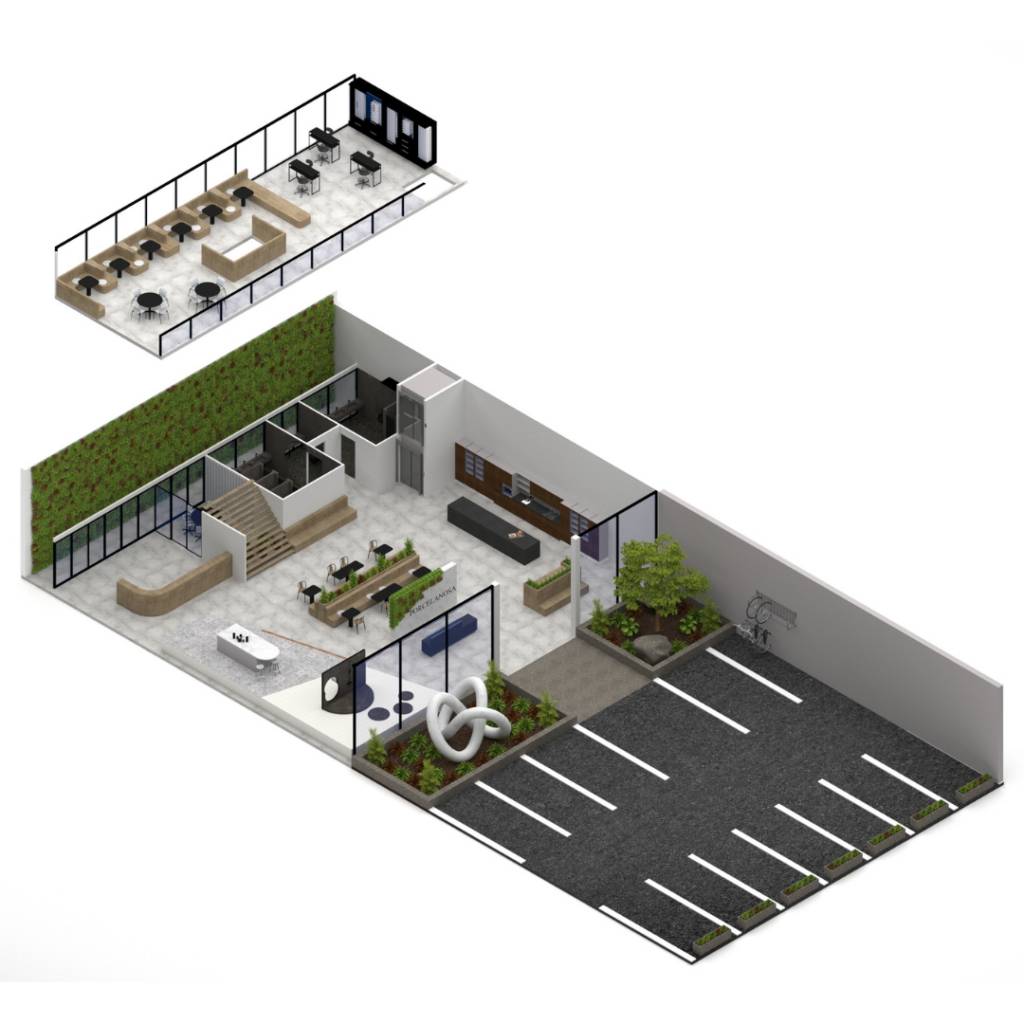 Diseño moderno de una oficina que incluye áreas de trabajo y un estacionamiento.
