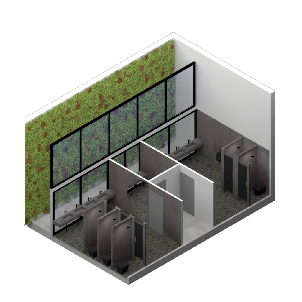 Una representación arquitectónica de un baño moderno con separaciones y luz natural.