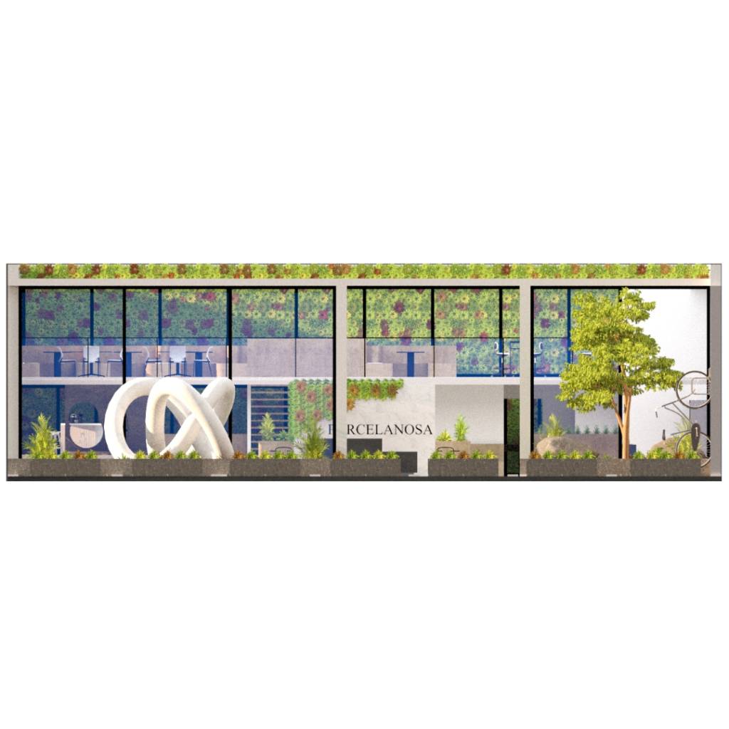 La imagen muestra una fachada moderna con elementos vegetales y un logo visible de la marca 'RCELANOSA'.