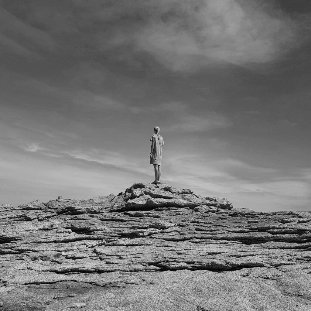 Una persona de pie sobre una roca en un paisaje de tonos grises.