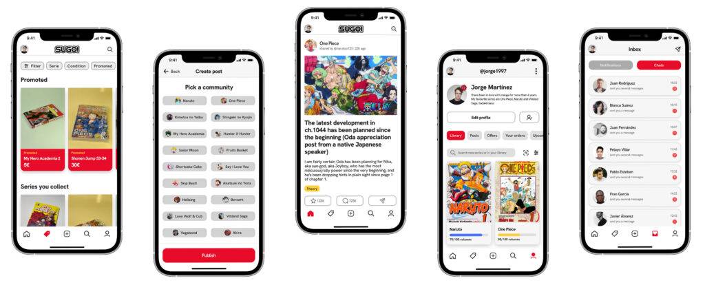 La imagen muestra varias pantallas de una aplicación de redes sociales enfocada en coleccionistas.