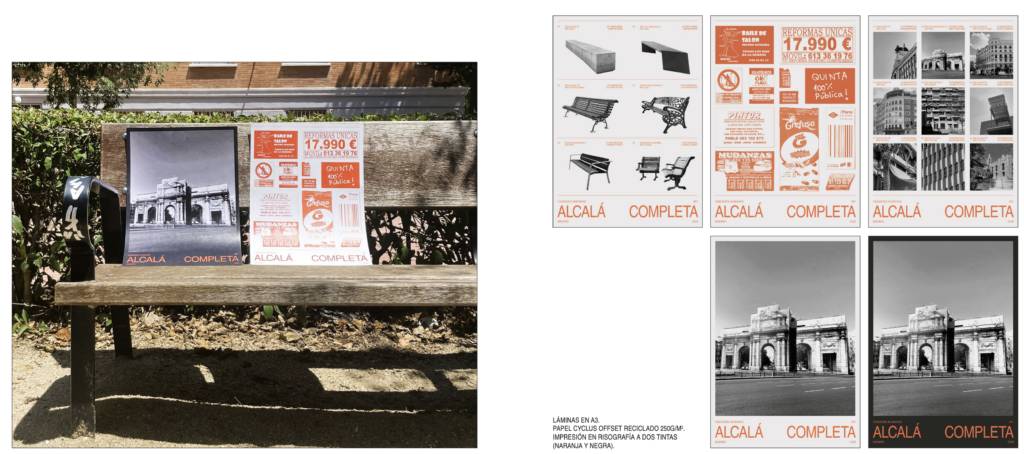 Una fotografía de un banco en un parque con carteles publicitarios sobre la venta de muebles y una imagen de un monumento.