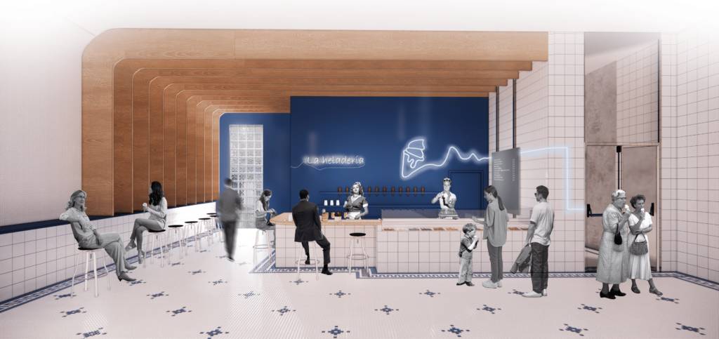 Un diseño interior contemporáneo de un bar, con un ambiente acogedor y moderno.