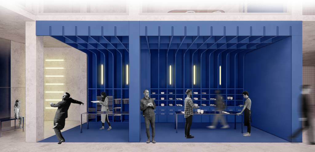 Una moderna sala de espera decorada en tonos azules con varias personas en su interior.