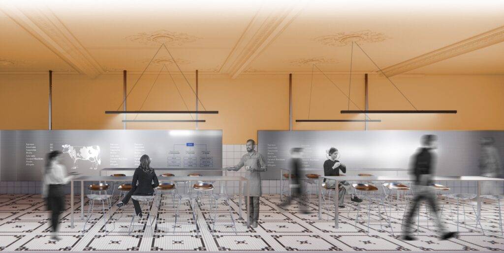 Un moderno espacio de comedor con mesas y personas en movimiento.